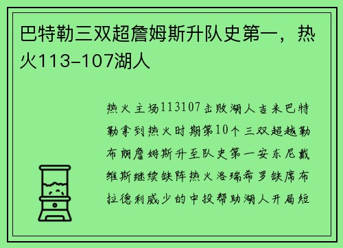 巴特勒三双超詹姆斯升队史第一，热火113-107湖人